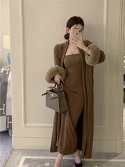 Casual Cardigan Long Loose Knitted Solid Color Two-piece Set