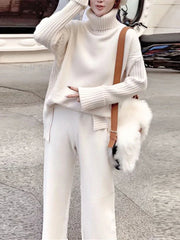 Knitted Sweater Solid Turtleneck Sweater + Loose Pants Set