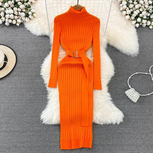 Hot Turtleneck Sexy Wrap Hips Knitted Long Sleeve Dress