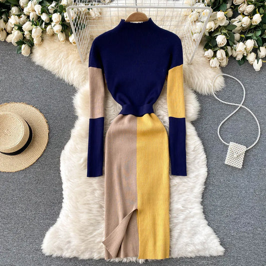 Color Patchwork Long Sleeve Knitted Sweater Dress with Belt