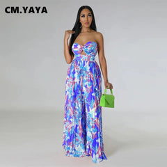 Flower Strapless Pleated Wide Leg Straight Jumpsuit