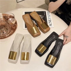 Metal Buckle Square Toe Mules