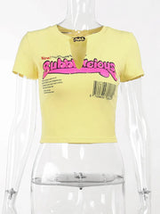 Letter Print Sexy Baby Crop Top Yellow Casual T-shirts