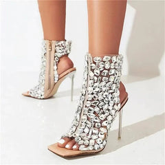 Crystal/rivet Zipper Sandals Stage Nightclub Silver High Heels