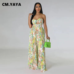 Flower Strapless Pleated Wide Leg Straight Jumpsuit