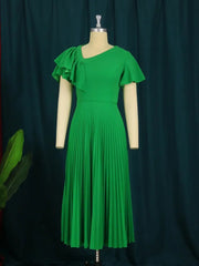 Women Pleated Midi Dresses Short Sleeve Ruffles Elegant Green Yellow A Line Spring Summer Chic Fashion Gown Party Birthday Robes