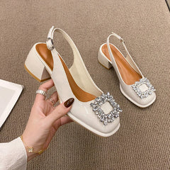 Square Toe Crystal Chunky Heel Shoes