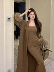 Casual Cardigan Long Loose Knitted Solid Color Two-piece Set