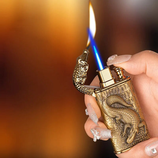 3D Relief Dragon Crocodile Double Fire Lighter Metal Windproof Jet Fire Open Fire Conversion Gas Lighter Smoking Gift