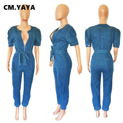 Zipper Fly with Sashes Short Sleeve Denim Jumpsuit
