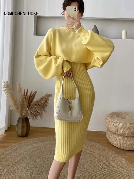 Two Piece Solid Color Sweater Long Sleeved O-neck  Set