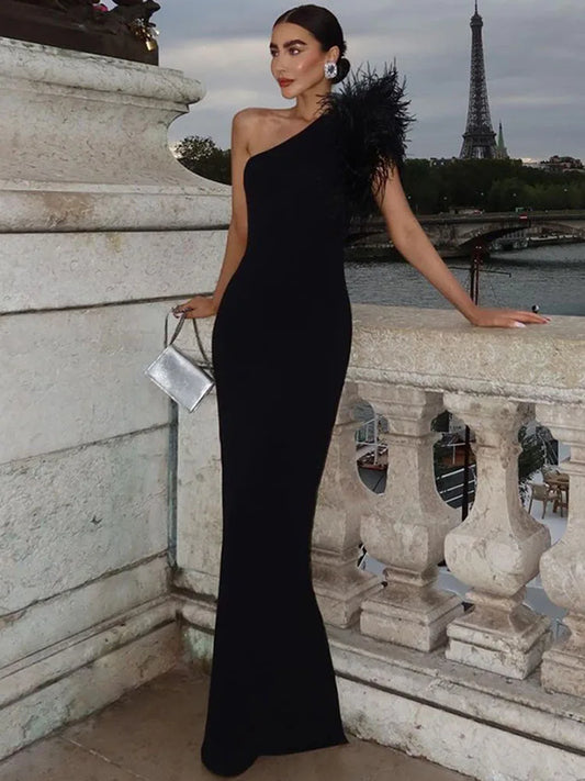 Elegant Sleeveless Skew-Collar Feather Evening Dress