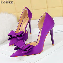 Purple/Pink Solid Silk Hollow Butterfly-Knot Heels