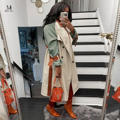 Long Sleeve Belt Patchwork Loose Trench Coat