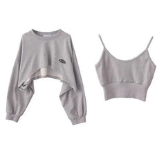 Asymmetrical Cropped Camis Sweatshirt 2 Piece Casual  Solid Long Sleeve Pullover