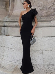 Elegant Sleeveless Skew-Collar Feather Evening Dress