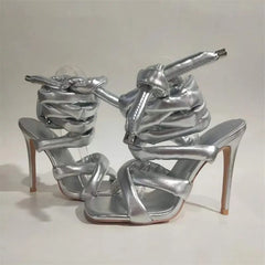 Grey/Silvery Feet Ring Winding Tape Sandals Square Toe  High Heels