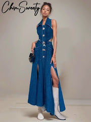 Sexy Denim Hollow Out Sleeveless Turndown Collar Side Split Long Dress