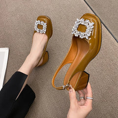 Square Toe Crystal Chunky Heel Shoes