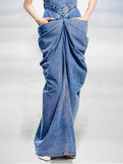 Fashion Buckle Sleeveless Ruched Design Denim Maxi Dress