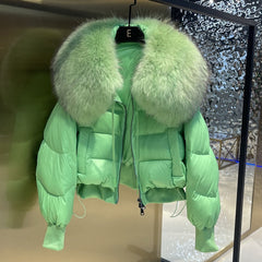 Winter Puffer Jacket Thick Warm Short Parkas Real Natural Raccoon Fur Female Loose 90% White Duck Down Coat