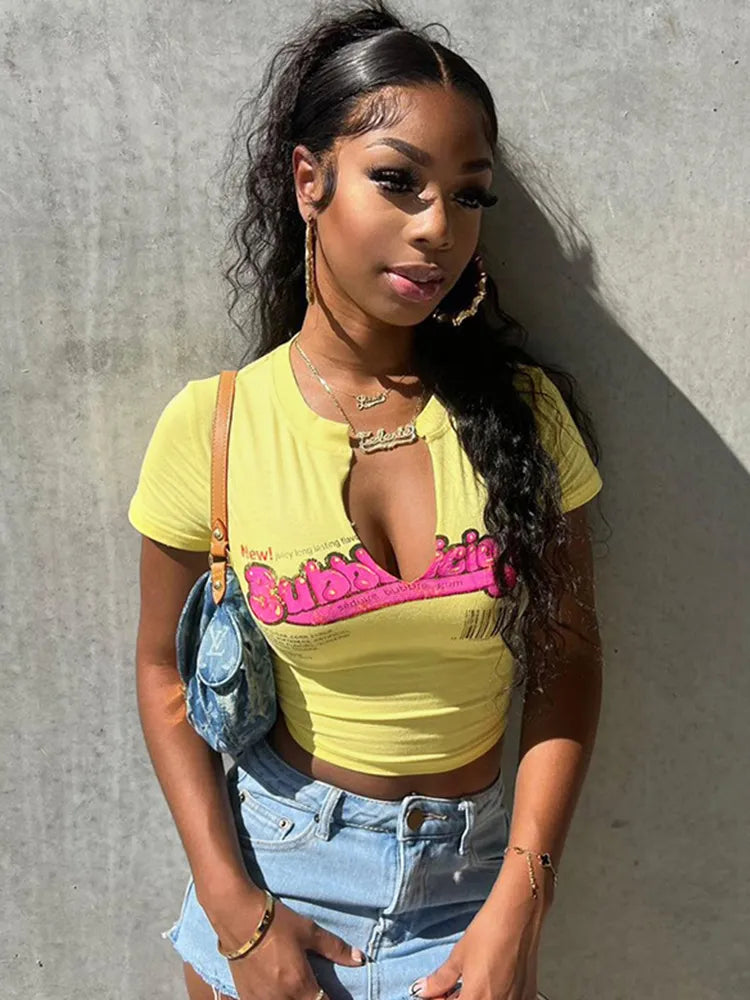 Letter Print Sexy Baby Crop Top Yellow Casual T-shirts
