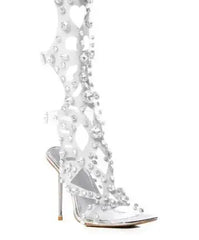 Transparent PVC Full Crystal Rhinestone Gladiator Stiletto Heels Slingback Knee High Sandals Boots