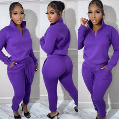 Fleece Zipper Long Sleeve Pullover Top w/Jogger Pants Set