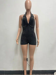 Knitted Sleeveless V-neck Short Jumpsuit