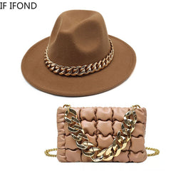 Women Oversized Chain Accessory Bag And Fedoras Hat 2-piece Sets 2022 Fashion Luxury Party Wedding Jazz Hat шляпа