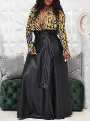 Faux Leather Belt Design Loose Fit High Waist Asymmetrical Maxi