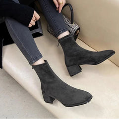 Ankle Chunky Middle Heel Suede Boots