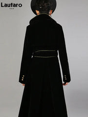 Long Black Double Breasted  Trench Coat for Women with Gold Trim Sashes