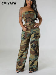 Camouflage Strapless Crop Top and Wide Leg Pants Set