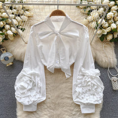 Bow Collar Lantern Sleeve Solid Blouse