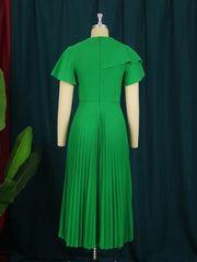 Women Pleated Midi Dresses Short Sleeve Ruffles Elegant Green Yellow A Line Spring Summer Chic Fashion Gown Party Birthday Robes