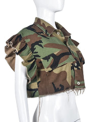Turn-down Collar Butterfly Sleeve Single Breasted Camouflage Print Short Jacket