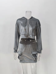 Velvet 2pcs Long Sleeve Zip Top & Elastic Waist Pockets Skirt