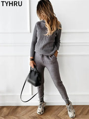 Winter Solid Color Striped Turtleneck Sweater and Elastic Trousers Suits Knitted Two Piece Set