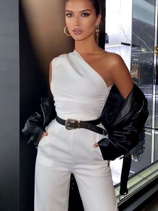 White One shoulder Jumpsuits Women Sexy Backless Sleeveless Wide Leg Pants Jumpsuit 2023 Ladies Casual Lace Up Streetwear Romper