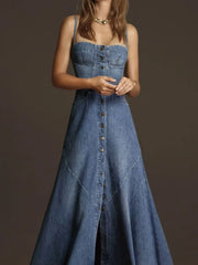 Denim Dress Sleeveless Square Collar Slim Fit Maxi Dress