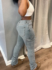 High Waist Plain Stacked Side Pocket Blue Jeans