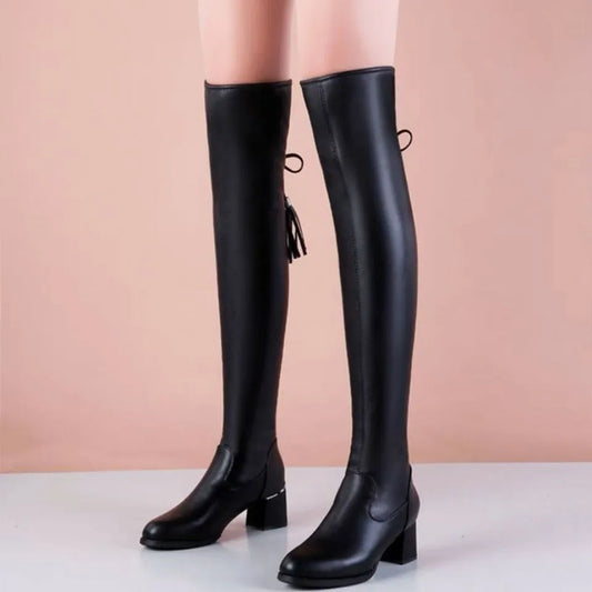Leather Elastic Thick Heel Slip On Over The Knee Boots