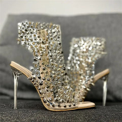 Crystal/rivet Zipper Sandals Stage Nightclub Silver High Heels