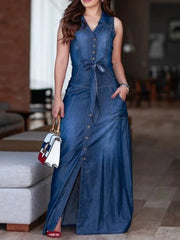 Denim Dress Sleeveless Square Collar Slim Fit Maxi Dress