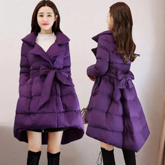 Long Padded Cotton High Low Parka With Belt