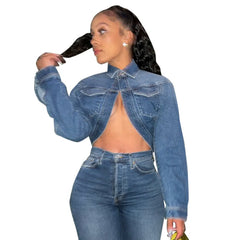 Fashion Denim Jackets Patchwork Lapel Single Buttons Pockets Long Sleeve