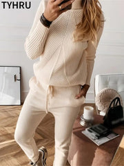 Winter Solid Color Striped Turtleneck Sweater and Elastic Trousers Suits Knitted Two Piece Set