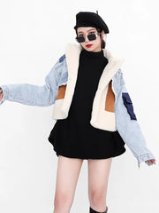 Wool Lined Wide Waisted Turn Down Collar Slim Patchwork Woolen Jacket