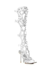 Transparent PVC Full Crystal Rhinestone Gladiator Stiletto Heels Slingback Knee High Sandals Boots
